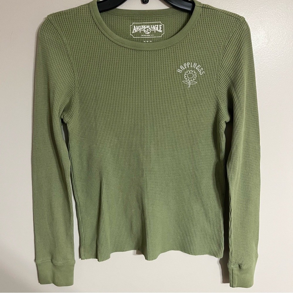 Women's Juniors American Eagle Long‎ Sleeve Henley Size Medium Green Hippie Boho